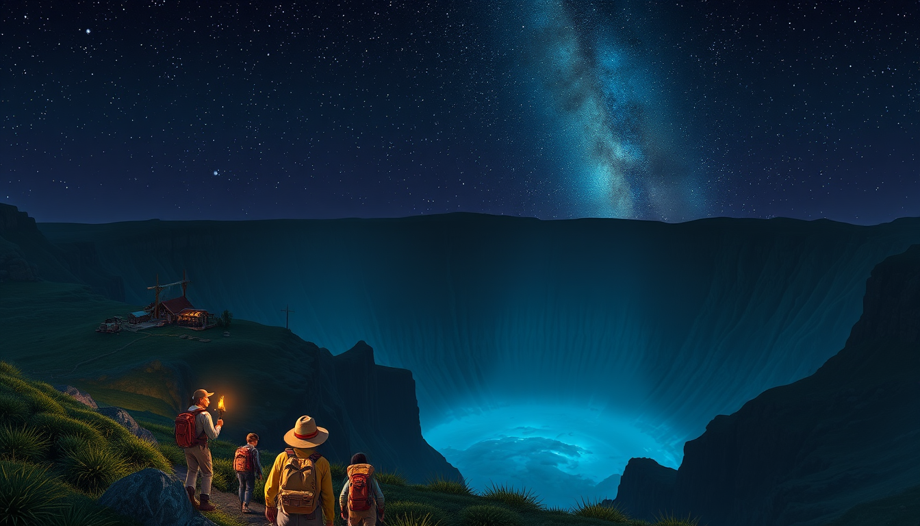 Explorers depart from their village at dusk towards an ominous fallen-star crater in search of answers and resources.