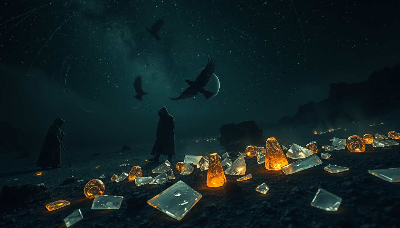 Glasswrights examining shard-glass finds under a starlit sky.
