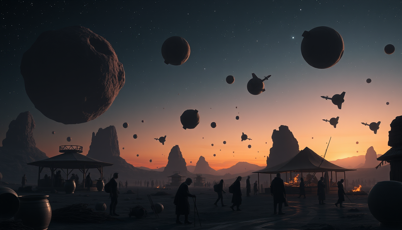 An illustration of an asteroid community in vibrant activity under a glowing sky during the Starwake season.