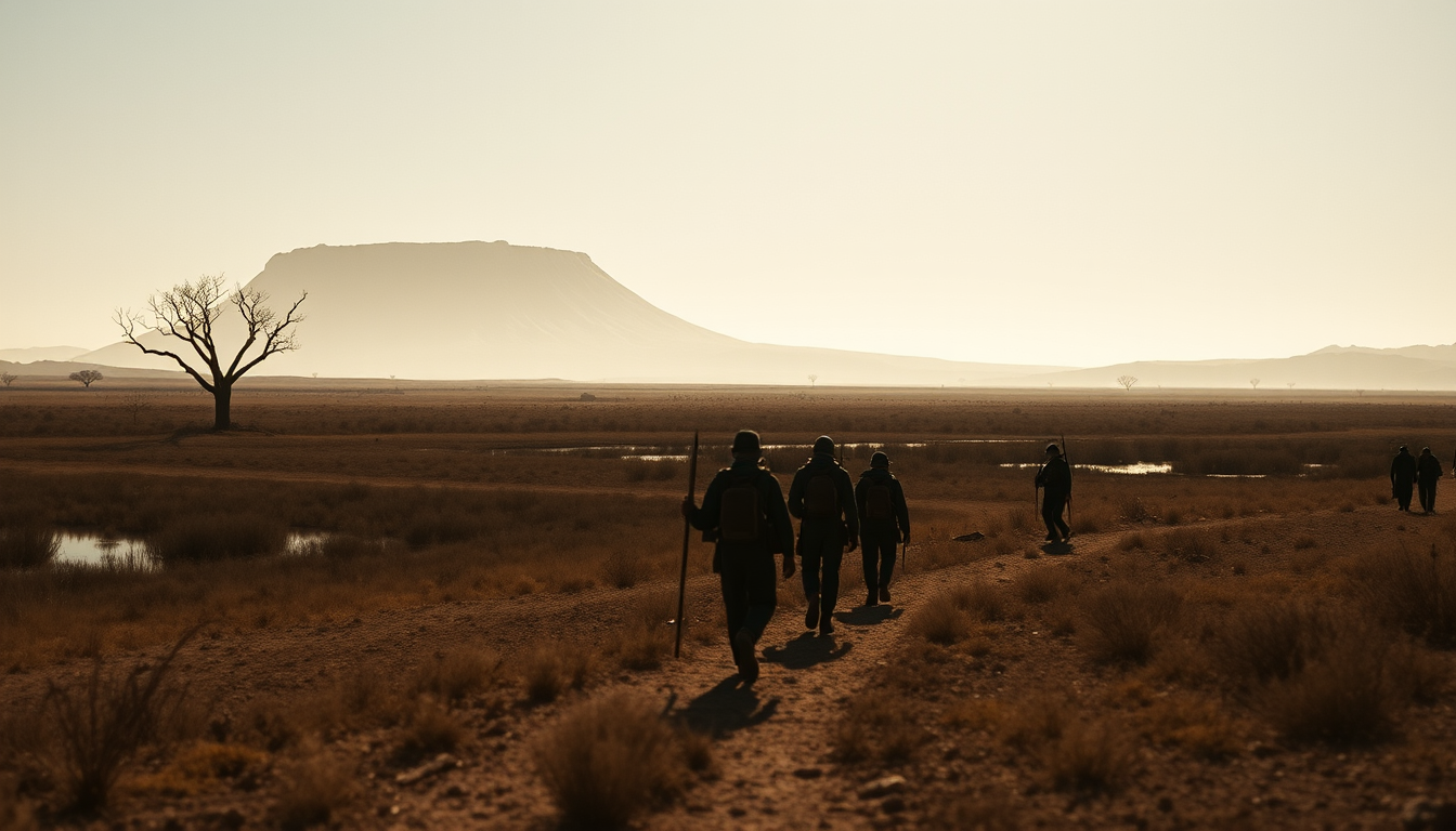 Marsh foragers trekking through arid land toward a distant marsh, under the looming presence of a fallen-star crater