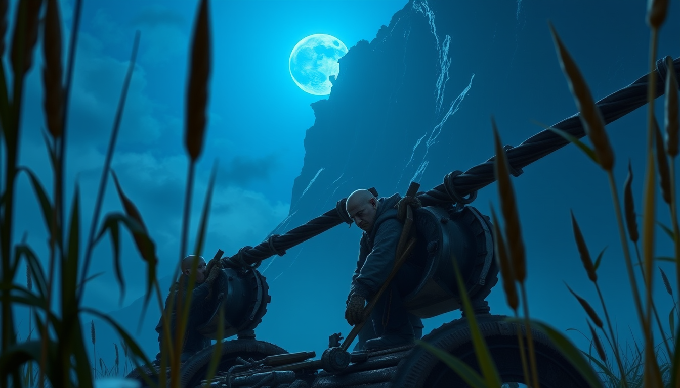 Twilight repair work at Asterfall's ore winches, workers under a fallen-star crater, with a moonlit sky.