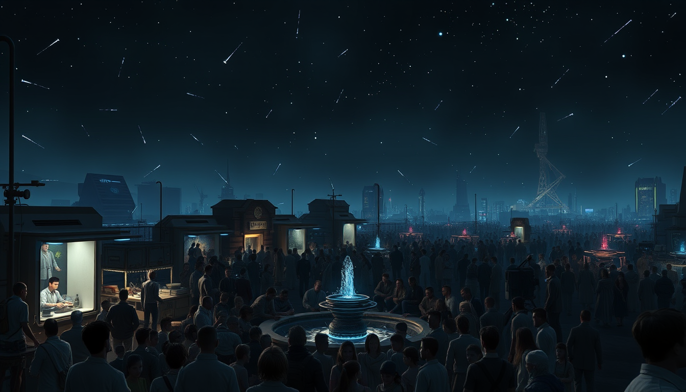 People gather around rationed water pumps in a futuristic city under the darkened sky during the Ashfall season as they work together with determination.